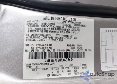 2010 Mercury Grand Marquis Ls (Fleet Only) from USA, damaged, VIN 2MEBM7FV8AX633694